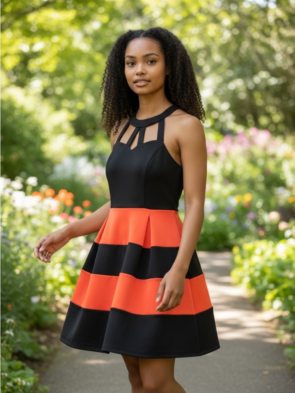 Crystal Doll Black and Orange Striped Halter Fit-and-Flare Mini Dress
